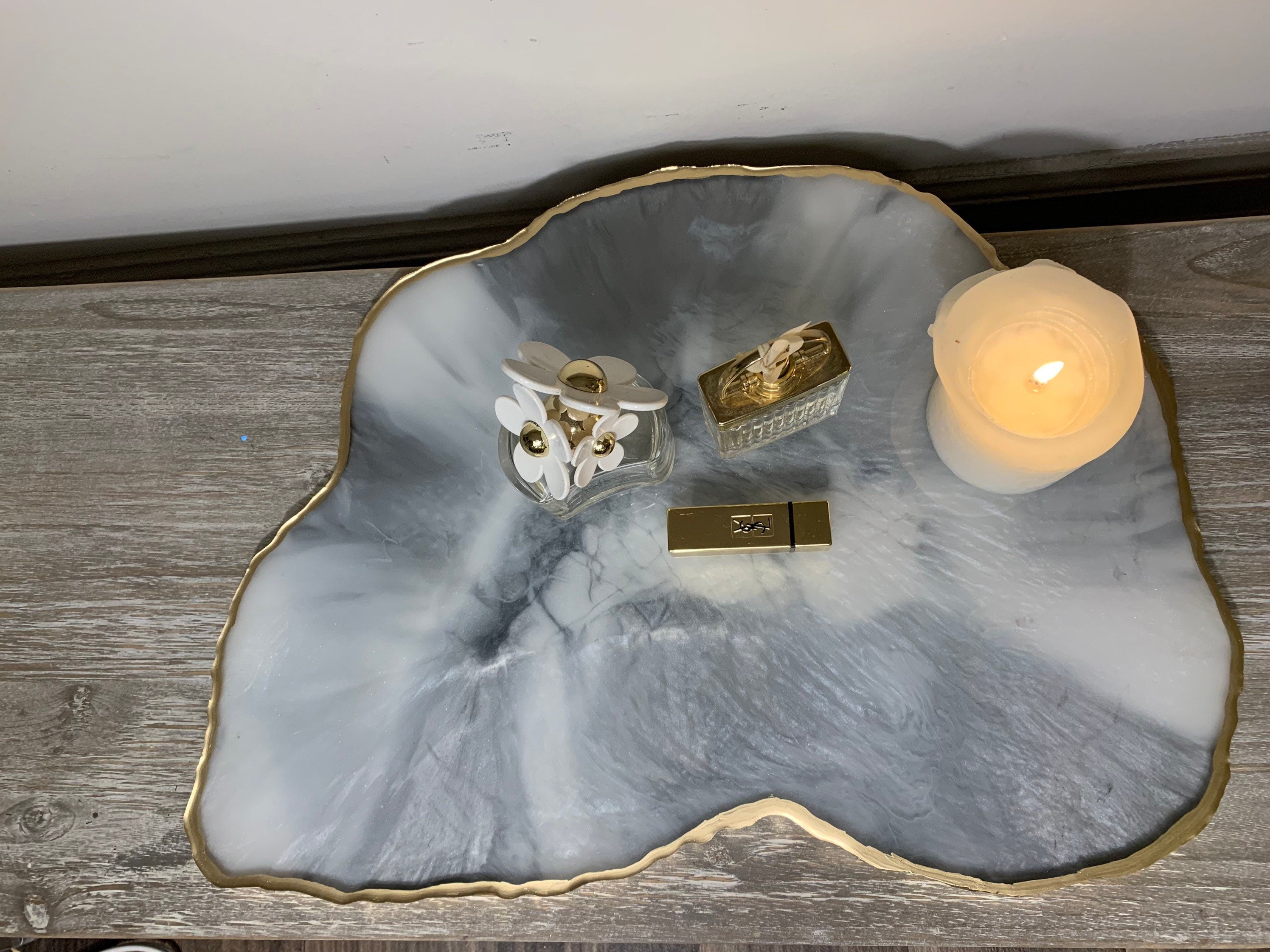 Silver Marble Geode Tray