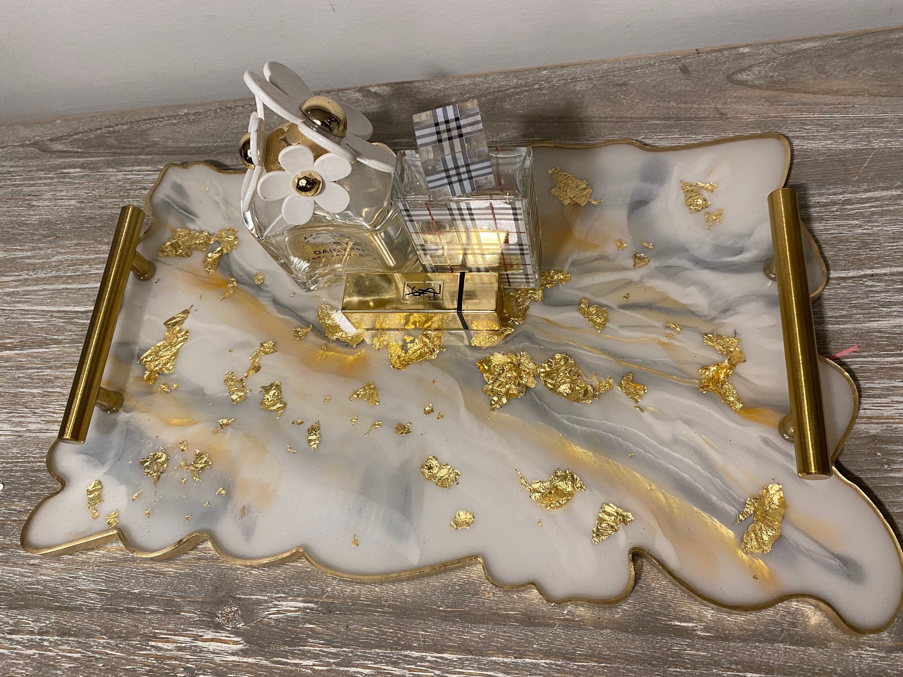 GOLD LEAF & SILVER Marble | Luxury Vanity Tray | Perfume Holder| Serving Tray | Desk Art | Resin Tray | Jewelry Holder | Gold Marble Tray