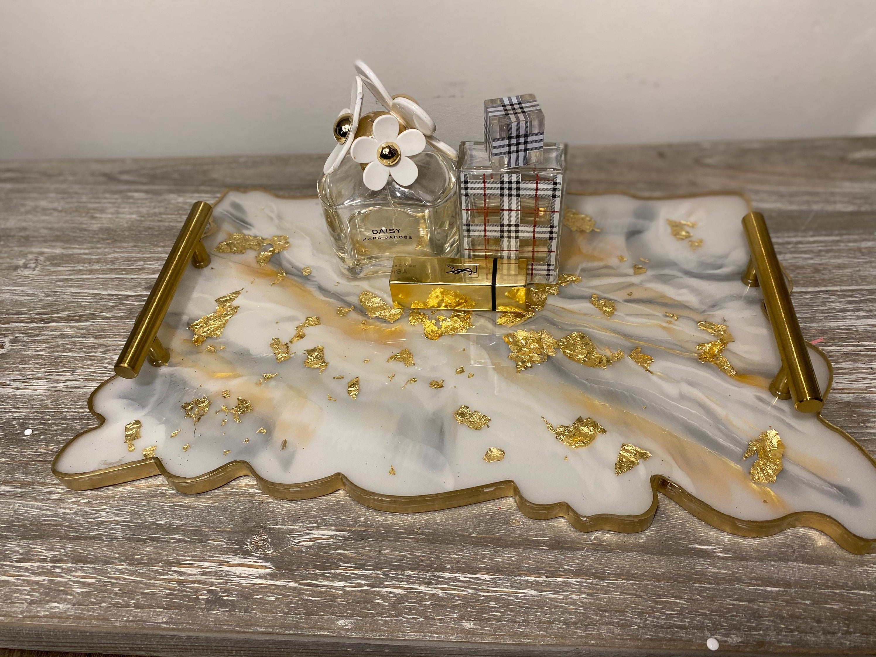 GOLD LEAF & SILVER Marble | Luxury Vanity Tray | Perfume Holder| Serving Tray | Desk Art | Resin Tray | Jewelry Holder | Gold Marble Tray