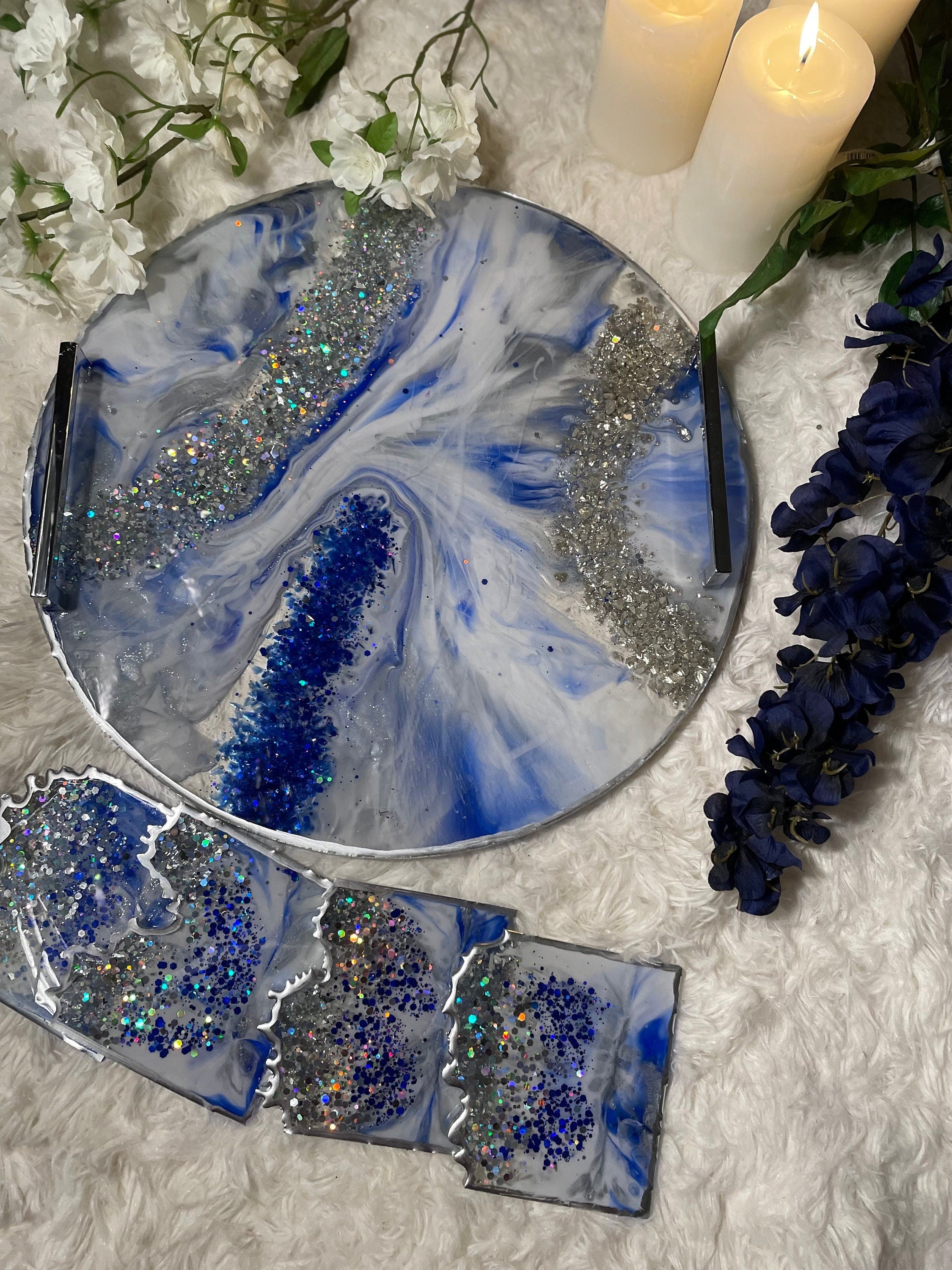 Blue & Silver Marble Glam Tray